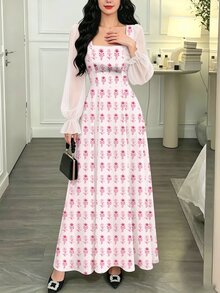 Modelyn 幾何波浪花卉印花女款長洋裝，時尚方領燈籠長袖設計，優雅收腰長裙，適合秋冬度假休閒、街頭外出、晚宴派對穿著 - 彩色 - 查看 4