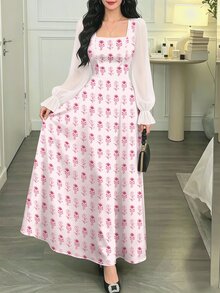 Modelyn 幾何波浪花卉印花女款長洋裝，時尚方領燈籠長袖設計，優雅收腰長裙，適合秋冬度假休閒、街頭外出、晚宴派對穿著 - 彩色 - 查看 1