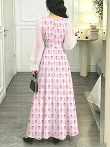 Modelyn 幾何波浪花卉印花女款長洋裝，時尚方領燈籠長袖設計，優雅收腰長裙，適合秋冬度假休閒、街頭外出、晚宴派對穿著 - 彩色 - 查看 2