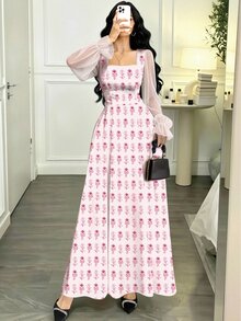 Modelyn 幾何波浪花卉印花女款長洋裝，時尚方領燈籠長袖設計，優雅收腰長裙，適合秋冬度假休閒、街頭外出、晚宴派對穿著 - 彩色 - 查看 3