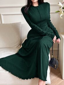Feyla Women Elegant Solid Color Long Dress, Autumn - Dark Green - View 3