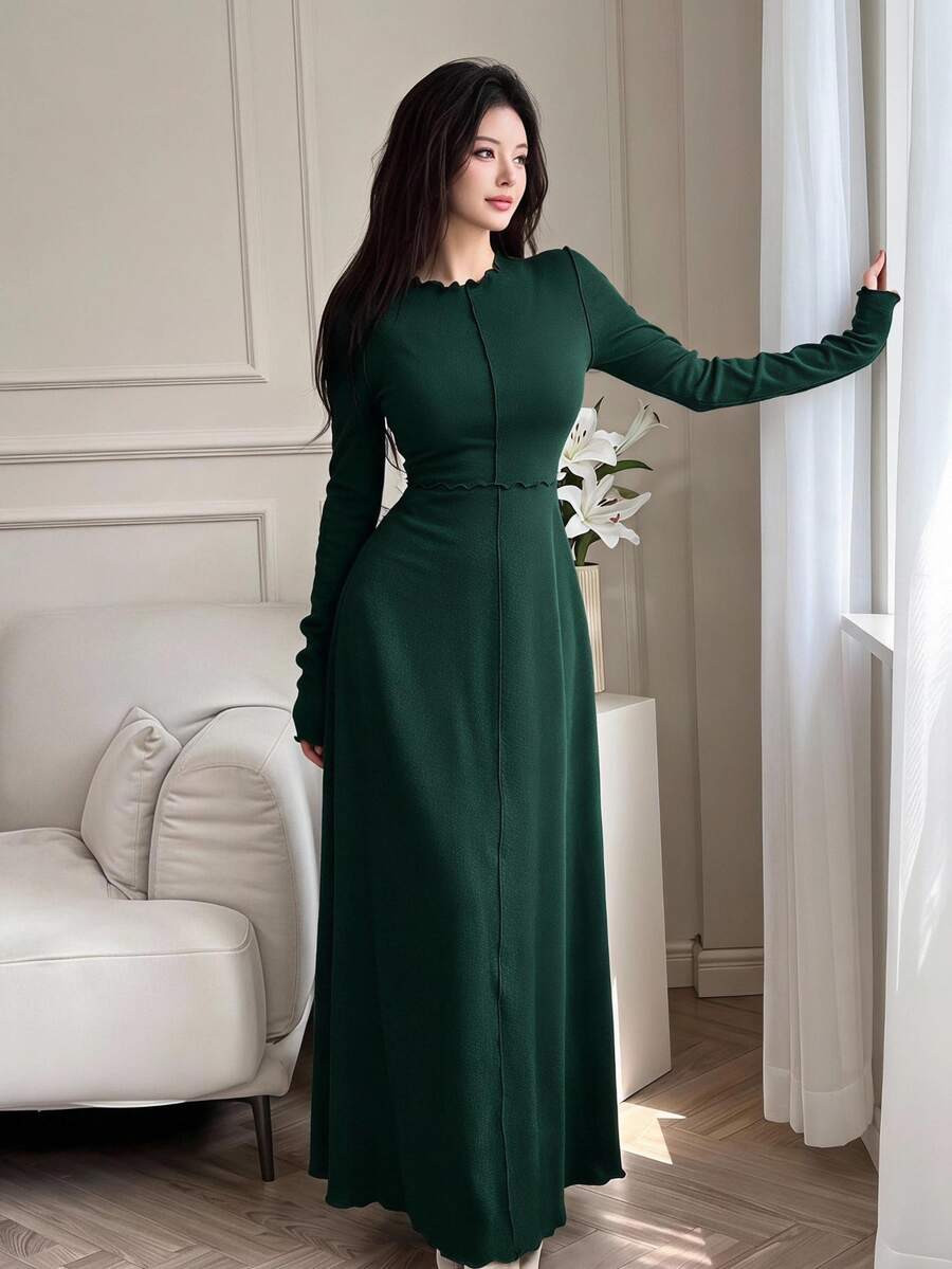Feyla Women Elegant Solid Color Long Dress, Autumn - Dark Green - View 1
