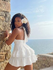 SHEIN Foxxy White V-Neck Layered Ruffle A-Line Mini Dress, High Waist Pleated Backless Vacation Sundress For Summer - White - View 3