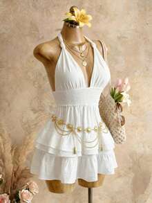 SHEIN Foxxy White V-Neck Layered Ruffle A-Line Mini Dress, High Waist Pleated Backless Vacation Sundress For Summer - White - View 11