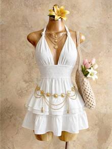 SHEIN Foxxy White V-Neck Layered Ruffle A-Line Mini Dress, High Waist Pleated Backless Vacation Sundress For Summer - White - View 12