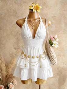 SHEIN Foxxy White V-Neck Layered Ruffle A-Line Mini Dress, High Waist Pleated Backless Vacation Sundress For Summer - White - View 7