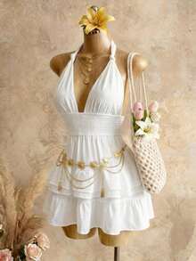 SHEIN Foxxy White V-Neck Layered Ruffle A-Line Mini Dress, High Waist Pleated Backless Vacation Sundress For Summer - White - View 9
