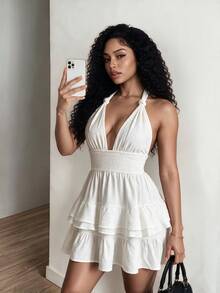 SHEIN Foxxy White V-Neck Layered Ruffle A-Line Mini Dress, High Waist Pleated Backless Vacation Sundress For Summer - White - View 2