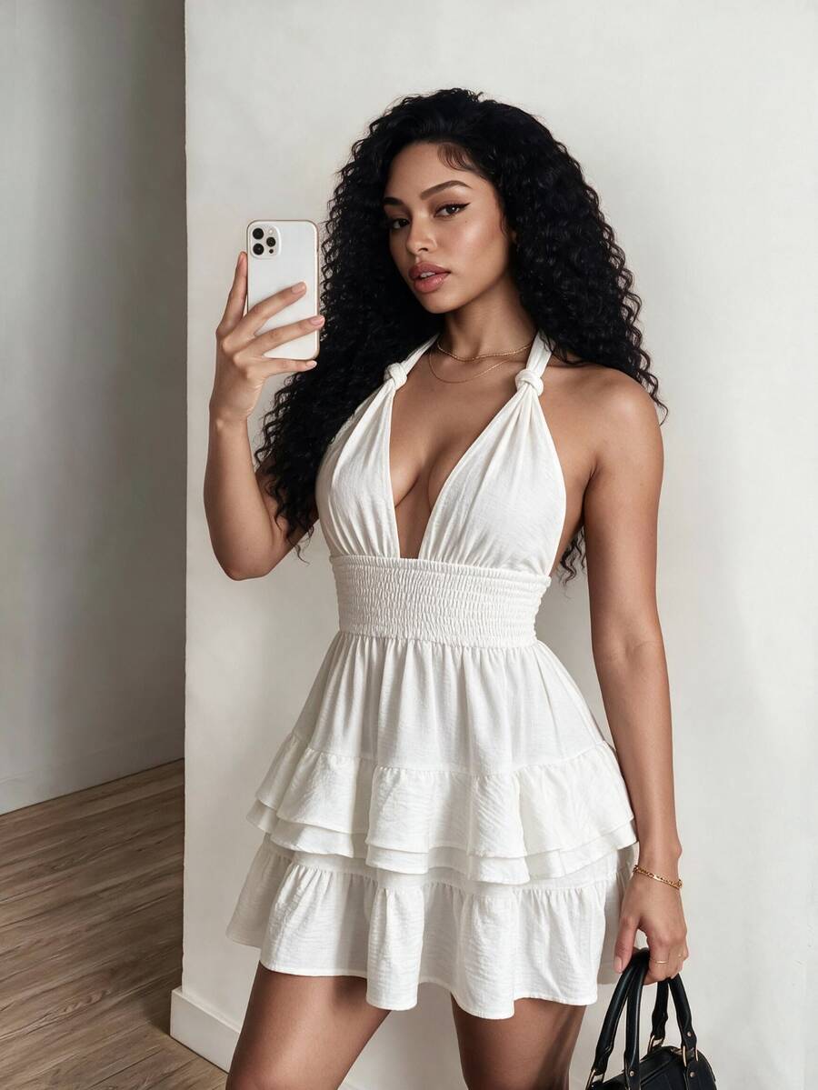 SHEIN Foxxy White V-Neck Layered Ruffle A-Line Mini Dress, High Waist Pleated Backless Vacation Sundress For Summer