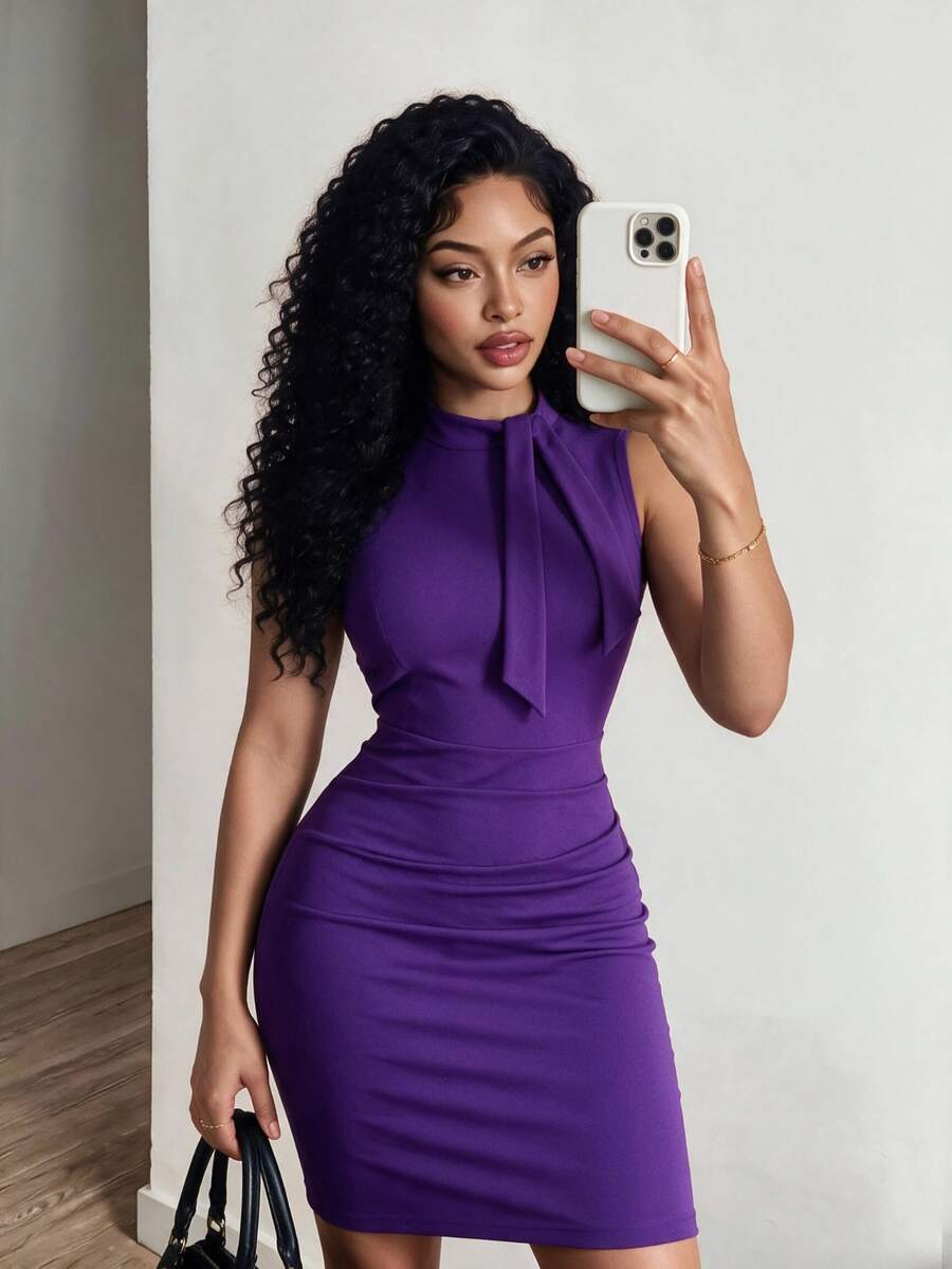 VaVaBold Elegant Simple Solid Color Sleeveless Fitted Purple Dress - Purple - View 1
