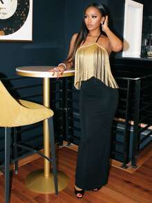 SHEIN Foxxy Women's Tassel Design Fashion Party Night Out One Shoulder Dress Black And Gold Summer Sexy - Black - View 5