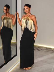 SHEIN Foxxy Women's Tassel Design Fashion Party Night Out One Shoulder Dress Black And Gold Summer Sexy - Black - View 8
