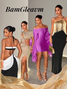 SHEIN Foxxy Women's Tassel Design Fashion Party Night Out One Shoulder Dress Black And Gold Summer Sexy - Black - View 13