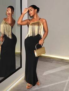 SHEIN Foxxy Women's Tassel Design Fashion Party Night Out One Shoulder Dress Black And Gold Summer Sexy - Black - View 3