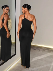 SHEIN Foxxy Women's Tassel Design Fashion Party Night Out One Shoulder Dress Black And Gold Summer Sexy - Black - View 7
