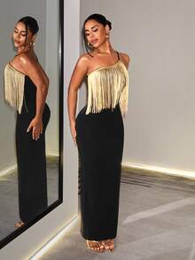 SHEIN Foxxy Women's Tassel Design Fashion Party Night Out One Shoulder Dress Black And Gold Summer Sexy - Black - View 11