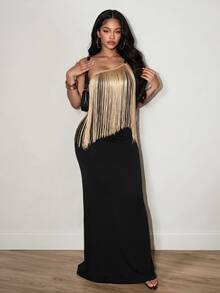 SHEIN Foxxy Women's Tassel Design Fashion Party Night Out One Shoulder Dress Black And Gold Summer Sexy - Black - View 2