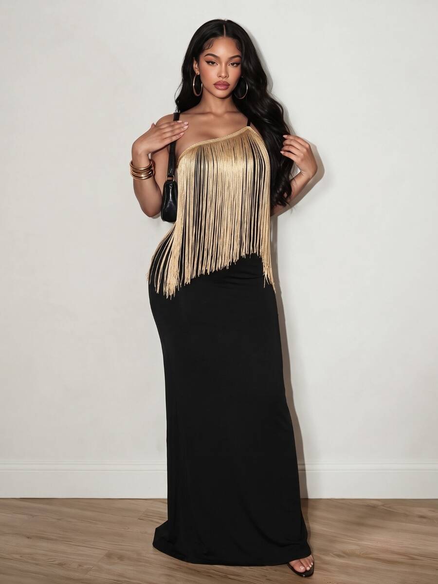 SHEIN Foxxy Women's Tassel Design Fashion Party Night Out One Shoulder Dress Black And Gold Summer Sexy