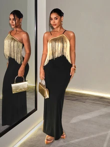 SHEIN Foxxy Women's Tassel Design Fashion Party Night Out One Shoulder Dress Black And Gold Summer Sexy - Black - View 9