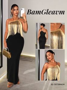 SHEIN Foxxy Women's Tassel Design Fashion Party Night Out One Shoulder Dress Black And Gold Summer Sexy - Black - View 14