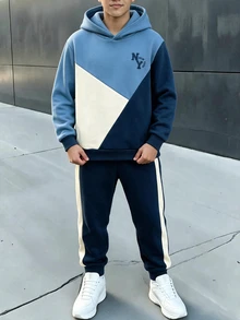 SHEIN 2件組兒童青少年男孩LA字母圖案拼色針織軟帽長袖套頭衛衣與彈性腰頭保暖內裡刷毛加厚長褲，適合通勤、上學、日常休閒、外出、運動，秋冬穿著 - 藍色 - 查看 8