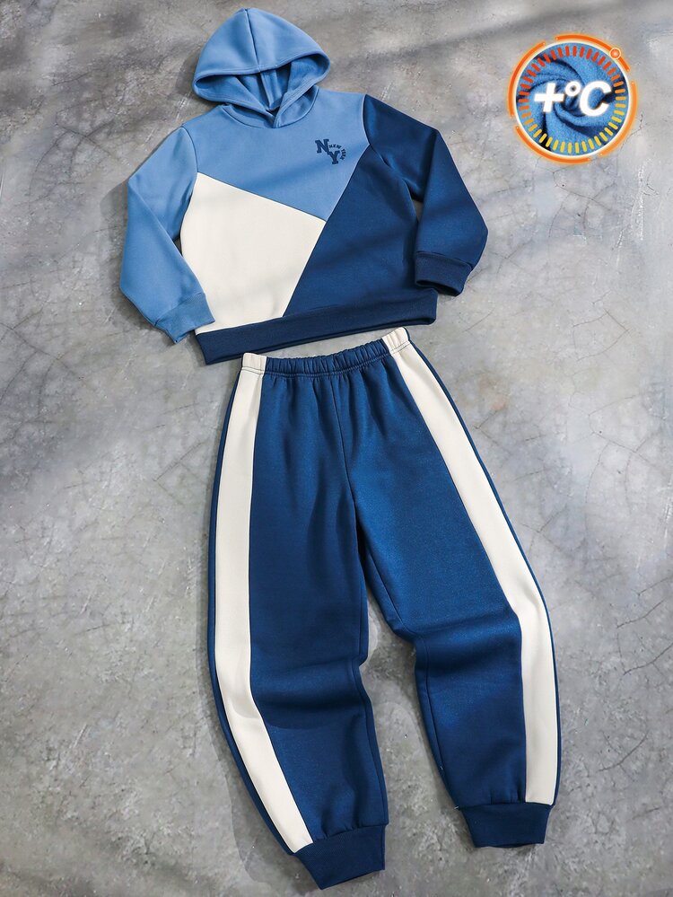 SHEIN 2pcs Kids Tween Boy LA Letter Graphic Colorblock Knit Soft Hooded Long Sleeve Pullover Sweatshirt And Elastic Waist Thermal Lined Brushed Thick Long Pants, Suitable For Commuting, School, Daily Casual, Outings, Sports, Autumn/Winter - Blue - View 4