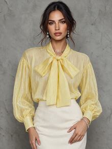 Trelyra European And American Style Spring/Summer New Fashion Versatile Solid Color Tencel Elegant Commute Design Tie Loose Long Sleeve Blouse - Yellow - View 7