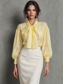 Trelyra European And American Style Spring/Summer New Fashion Versatile Solid Color Tencel Elegant Commute Design Tie Loose Long Sleeve Blouse - Yellow - View 1