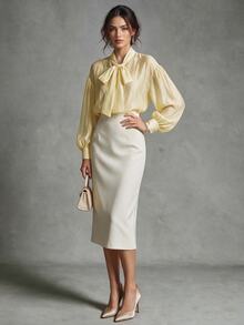 Trelyra European And American Style Spring/Summer New Fashion Versatile Solid Color Tencel Elegant Commute Design Tie Loose Long Sleeve Blouse - Yellow - View 6
