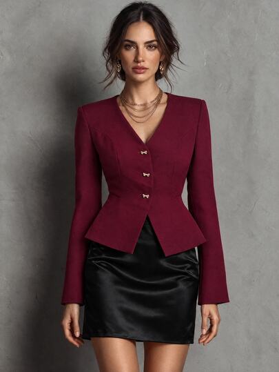 Trelyra Elegant Elegant Commuter Casual Comfortable Versatile V-Neck Cinched Waist Padded Shoulder Hand-Sewn Bow Metal Buckle Decor Women's Long Sleeve Blouse Jacket