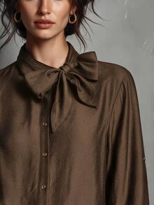 Trelyra Kemeja Kasual Wanita Warna Polos dengan Kerah untuk Pemakaian Sehari-hari - Coklat - View 5