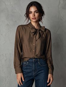 Trelyra Kemeja Kasual Wanita Warna Polos dengan Kerah untuk Pemakaian Sehari-hari - Coklat - View 6