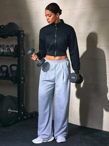 Solea Cove Solea Cove Casual Versatile Solid Color Cropped Sports Sweatshirt - Black - View 10
