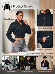 Solea Cove Solea Cove Casual Versatile Solid Color Cropped Sports Sweatshirt - Black - View 4