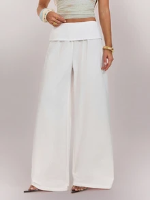 SHEIN Tall بنطلون نسائي أبيض بتصميم خصر مطوي وساق واسعة فضفاضة طويل - أبيض - مشاهدة 5