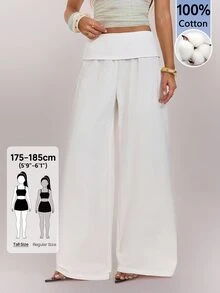 SHEIN Tall بنطلون نسائي أبيض بتصميم خصر مطوي وساق واسعة فضفاضة طويل - أبيض - مشاهدة 1