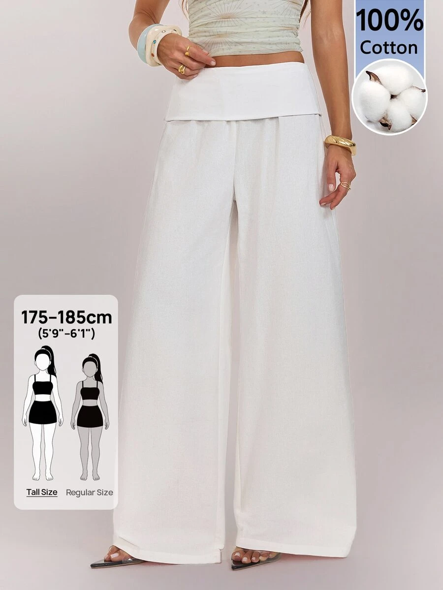SHEIN Tall بنطلون نسائي أبيض بتصميم خصر مطوي وساق واسعة فضفاضة طويل - أبيض - مشاهدة 1