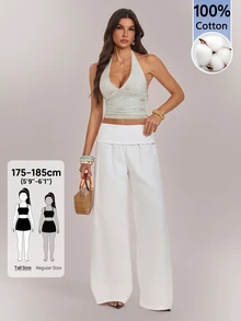 SHEIN Tall بنطلون نسائي أبيض بتصميم خصر مطوي وساق واسعة فضفاضة طويل - أبيض - مشاهدة 4