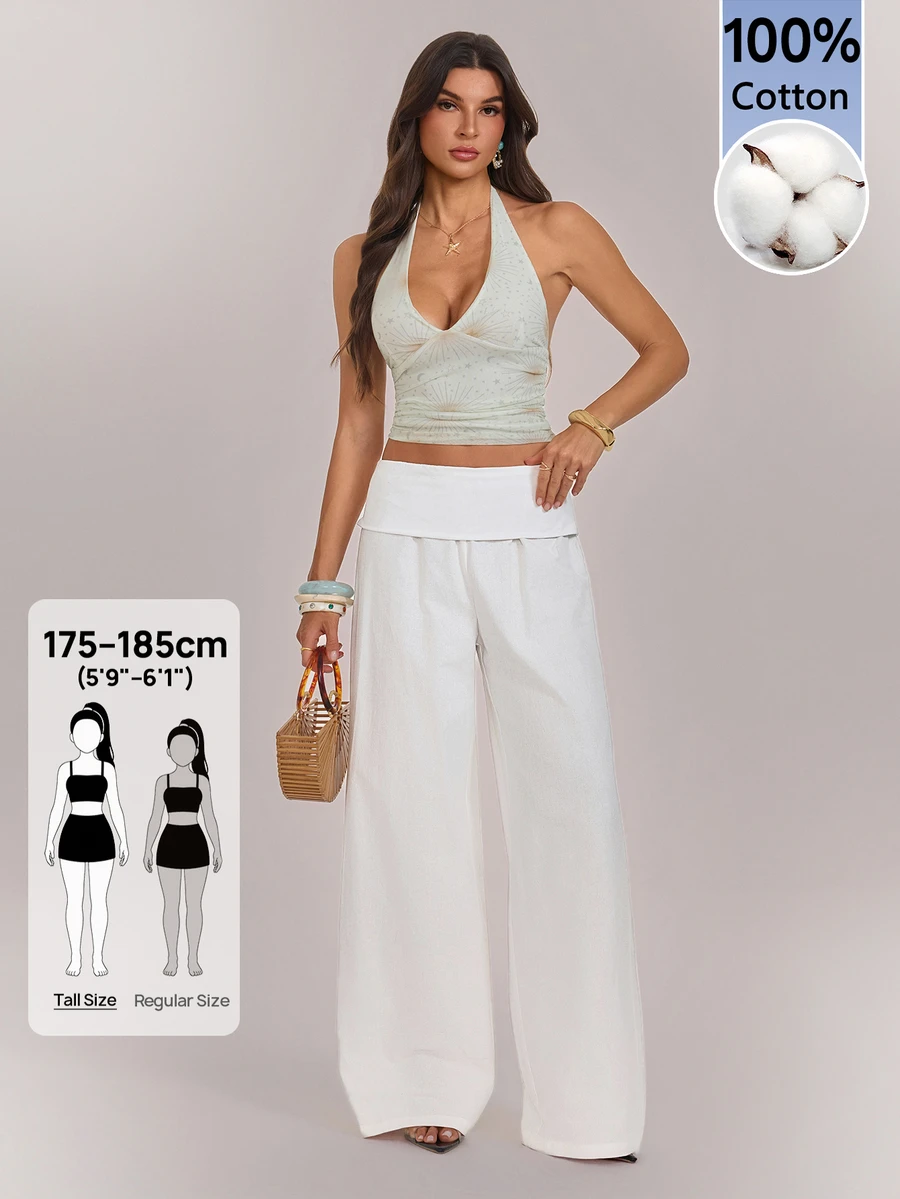 SHEIN Tall Women's White Folded Waist Design Wide Leg Loose Long Pants - White - View 1