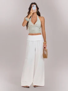 SHEIN Tall بنطلون نسائي أبيض بتصميم خصر مطوي وساق واسعة فضفاضة طويل - أبيض - مشاهدة 6