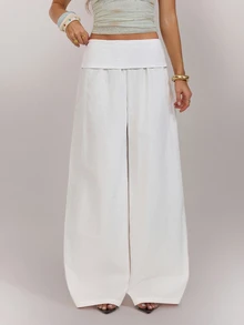 SHEIN Tall بنطلون نسائي أبيض بتصميم خصر مطوي وساق واسعة فضفاضة طويل - أبيض - مشاهدة 3