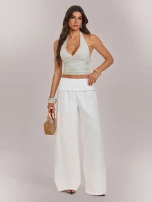 SHEIN Tall بنطلون نسائي أبيض بتصميم خصر مطوي وساق واسعة فضفاضة طويل - أبيض - مشاهدة 8