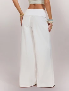 SHEIN Tall بنطلون نسائي أبيض بتصميم خصر مطوي وساق واسعة فضفاضة طويل - أبيض - مشاهدة 2