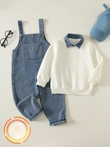 SHEIN 2件組兒童小男孩/小女孩秋冬休閒套裝，POLO領衛衣搭配牛仔吊帶褲套裝 - 彩色 - 查看 3