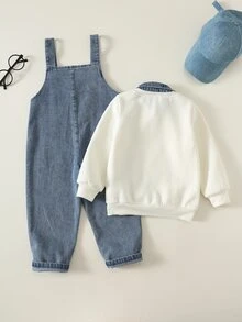 SHEIN 2件組兒童小男孩/小女孩秋冬休閒套裝，POLO領衛衣搭配牛仔吊帶褲套裝 - 彩色 - 查看 2