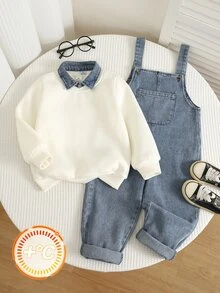 SHEIN 2件組兒童小男孩/小女孩秋冬休閒套裝，POLO領衛衣搭配牛仔吊帶褲套裝 - 彩色 - 查看 4