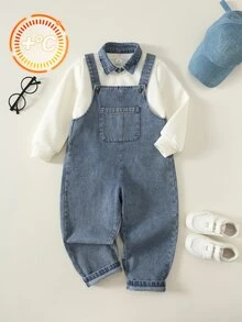 SHEIN 2件組兒童小男孩/小女孩秋冬休閒套裝，POLO領衛衣搭配牛仔吊帶褲套裝 - 彩色 - 查看 6
