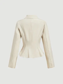 SHEIN MOD Jaket Wanita 1 potong Beige Berkerah Kancing Depan Lengan Panjang Model Peplum Pas Badan Manis Imut Elegan Chic Musim Gugur Natal Acara Kerja Blazer - Aprikot - View 6