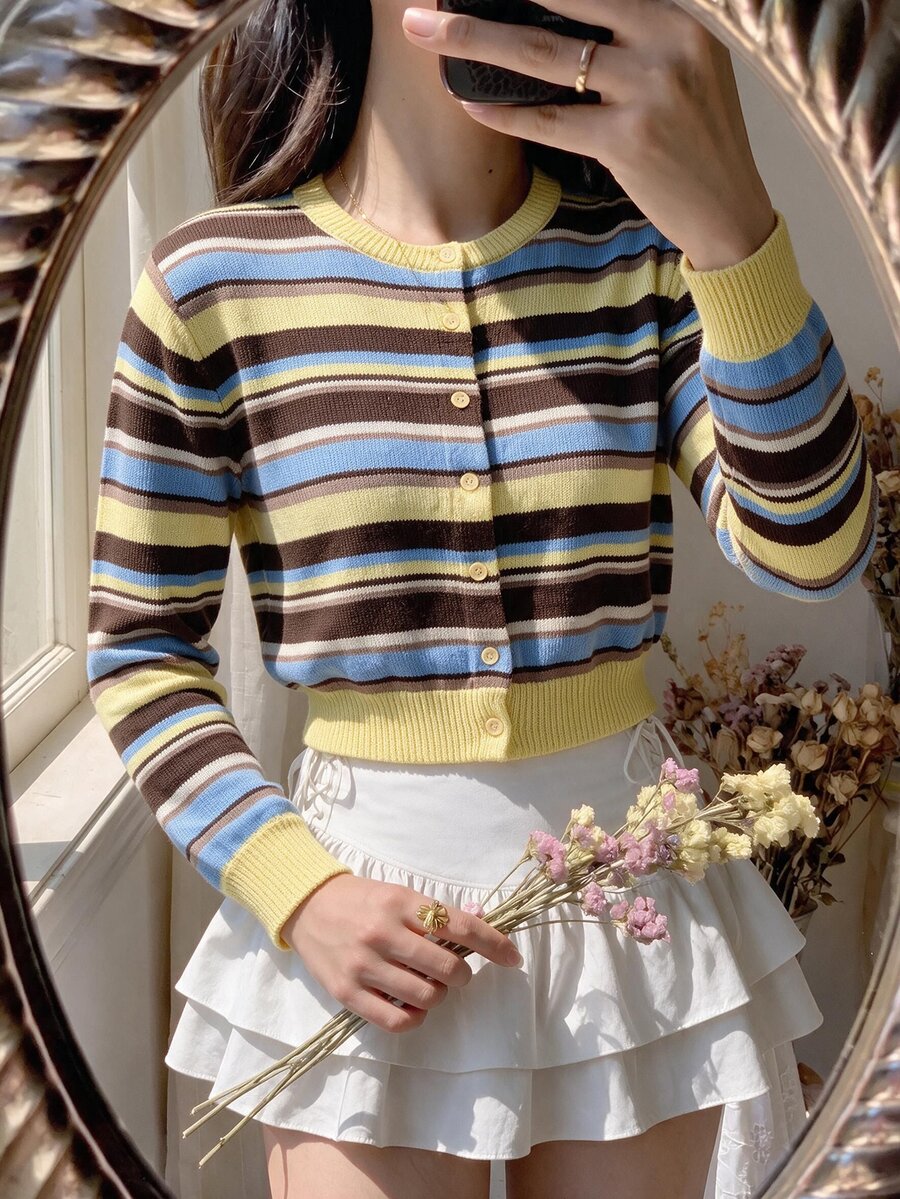 SHEIN MOD Women's 1pc Ribbed Knit Colorblock Striped Button Front Round Neck Long Sleeve Cropped Yellow Coquette Sweet Vintage Cardigan For Christmas Party Fall - Multicolor - View 1