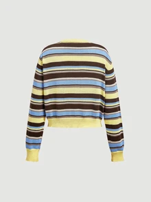 SHEIN MOD Women's 1pc Ribbed Knit Colorblock Striped Button Front Round Neck Long Sleeve Cropped Yellow Coquette Sweet Vintage Cardigan For Christmas Party Fall - Multicolor - View 6